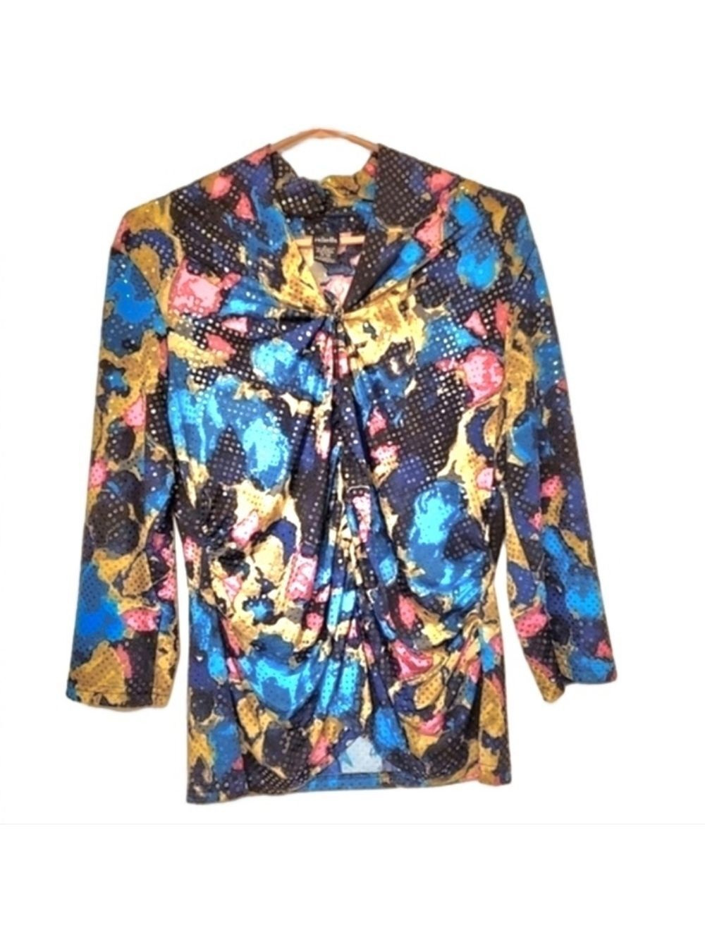 Rafaella Abstract Polka Dot Shirt Ruched Twist Front Neckline Stretchy Size XL